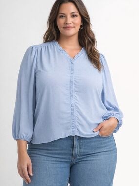 Zac Rachel Plus Size Crepe Blouse Women 2X Soft Chambray Blue Rhinestone Embelli